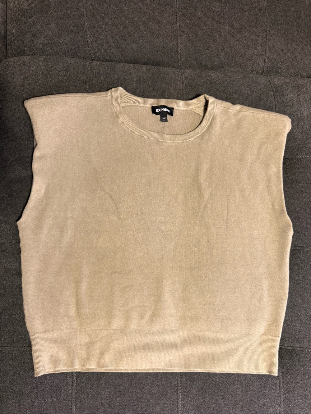 Express Padded Shoulder Sweater Vest Tan Sage Knit Crew Neck Women’s Size XL
